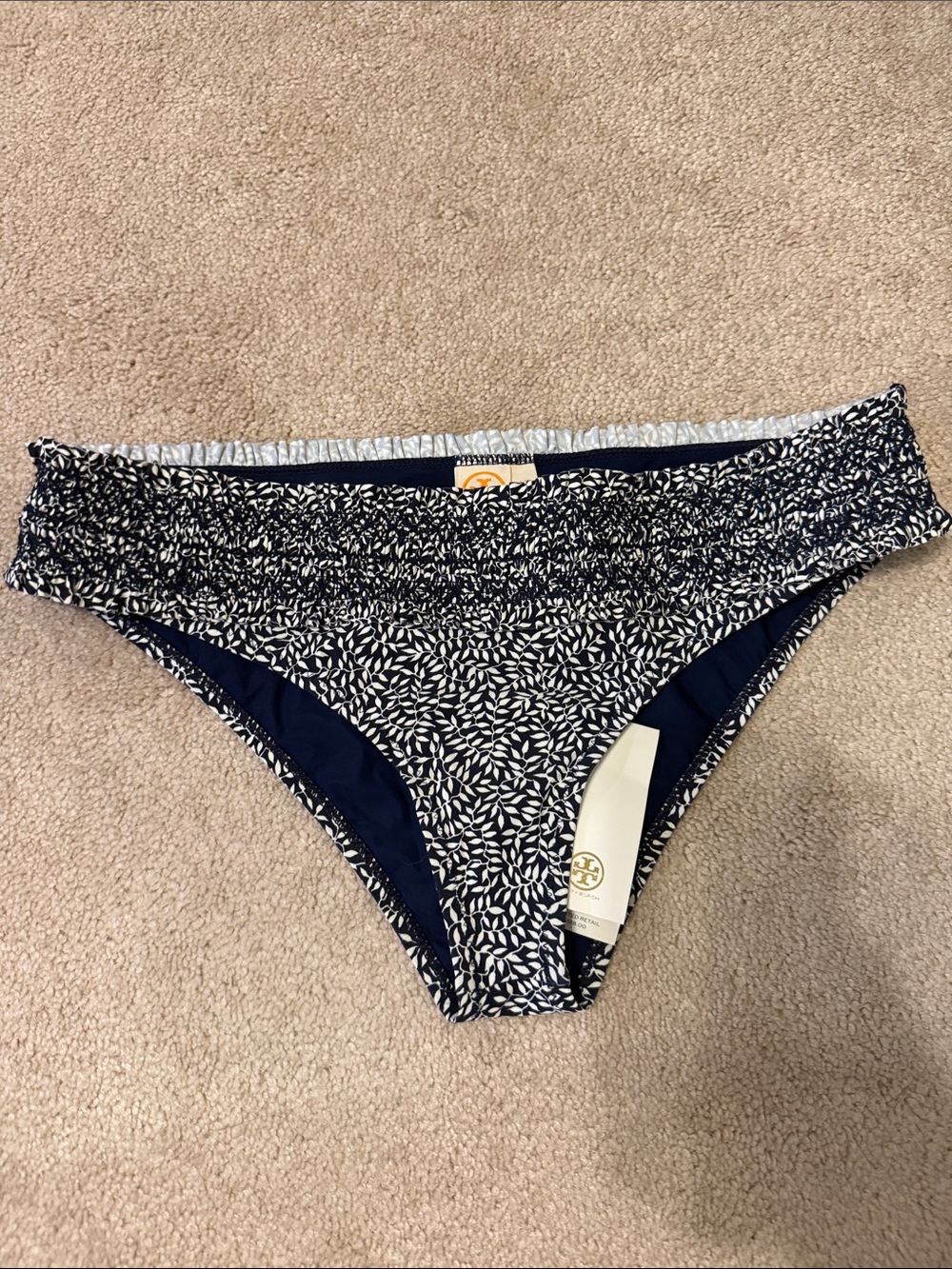 Tory Burch Navy & White Leaf-Print Bikini Bottoms